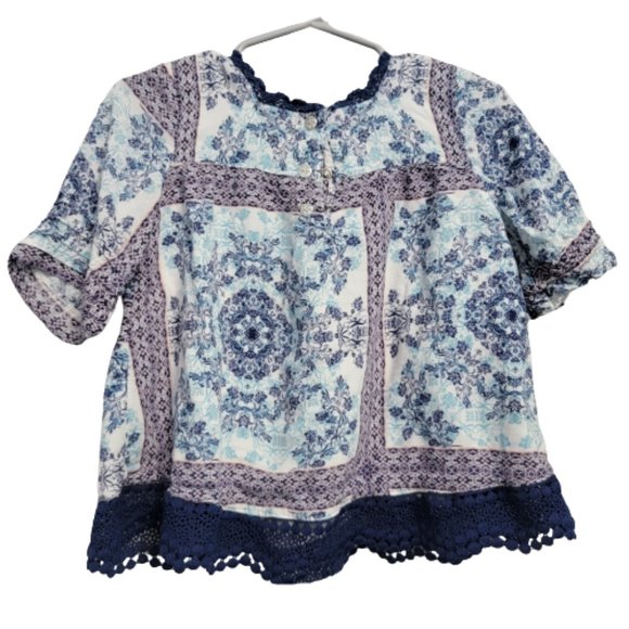 Jessica Simpson Top Crocheted Edging Mixed Print Blue White 3T - Picture 3 of 11